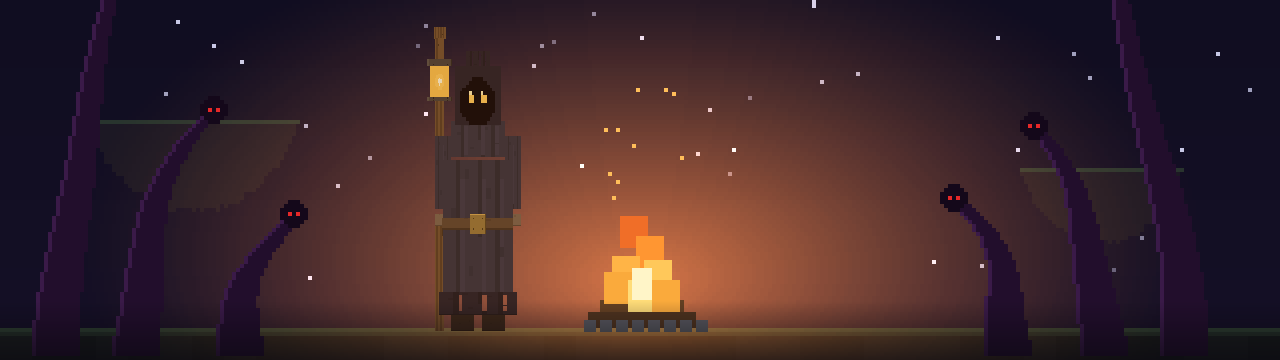 Embervale. Держитесь вместе: тьма забирает одиночек. Фонарщик у костра, из темноты тянутся щупальца.